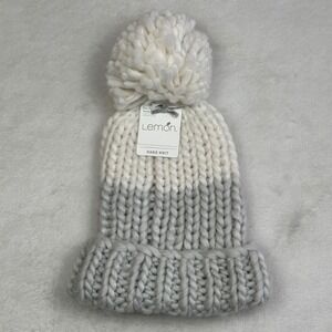 Lemon Hand Knit Beanie Pom Pom Hat Chunky Knit One‎ Size Gray White